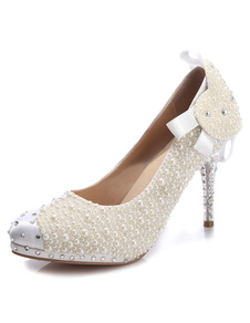 Chaussures de mariée à talons en soie et satin blanc unicolore avec perles semelle dure