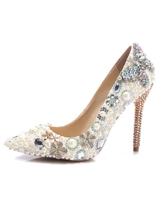 Chaussures de mariée à talons en PU verni ivoire unicolore avec strass mocassin