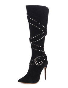 Bottes femme à talons aigus en tissu de terry noir unicolore avec boucle