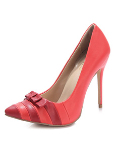 Exquises chaussures à talons à talons aigus en PU bicolore mocassin avec noeud en cuir