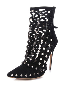 Sandale noir bottes à talons hauts découper Rivets bottillons féminines cheville bottes en daim bout