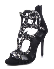 Charmantes sandales noires unicolore avec strass à bout ouvert