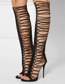 Gladiator noir sandales talons bout ouvert Strappy bottes pour femmes