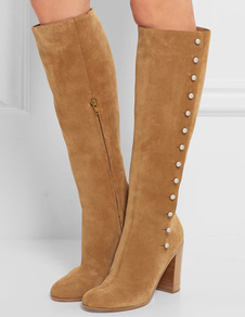 Bottes à talons épais en tissu de terry Brun unicolore avec bouton