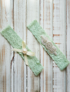 Perle verte Pastel de la jarretière mariage dentelle parsemée de jarretière de mariée ruban s’inclin