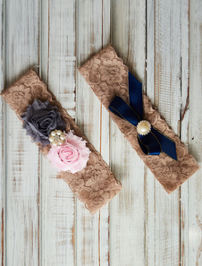 Mariage brun jarretière dentelle fleurs perle perlée jarretière mariée avec ruban Bow