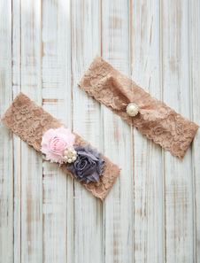 Jarretière de mariage en dentelle marron clair avec perles