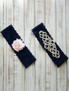 Dentelle, Jarretière mariage fleur marine foncé strass perles jarretière de mariée