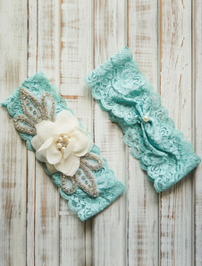 Jarretière mariée avec fleur de perles dentelle mariage jarretière menthe verte strass perle