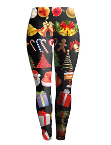 Adorables leggins féminins noirs mode en polyester impression imprimé fleuris
