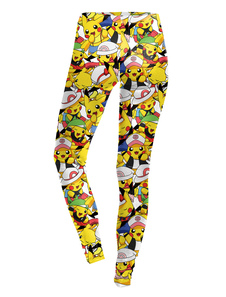 Charmant leggins pour femmes jaunes casual en polyester imprimé de dessins animés imprimé fleuris