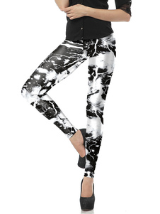 Charmant leggins pour femmes casual en polyester noirs impression imprimé fleuris