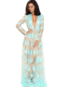 Robe longue vert en polyester impression à demi-transparence