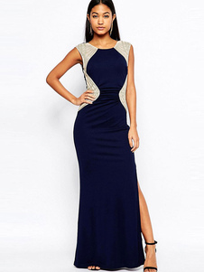 Robe longue en polyester bicolore fendu col rond