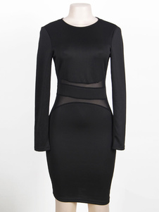 Populaire robe de club en polyester noir à demi-transparence unicolore col rond