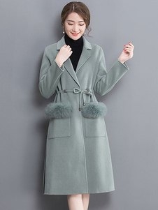 Beau manteau femme en polyester vert unicolore avec poches col à revers