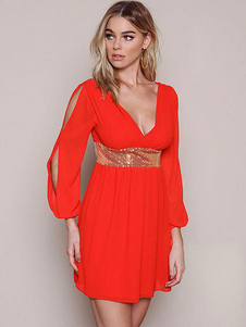 Magnifique robe skater sexy en polyester orange unicolore à dos décolleté creusé col V