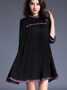 Attrayante robe droite mode en coton mélangé noir à tricoter vêtements journaliers tissé col montant