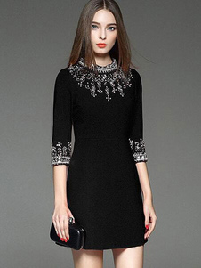 Robe bodycon en spandex revers embelli unicolore orné de bijoux vêtements journaliers