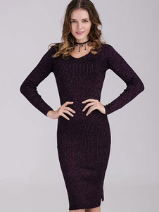 Fascinante robe pull moyenne mode unicolore creusé vêtements journaliers col V street style