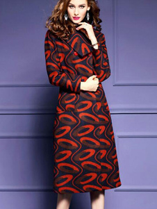 Fascinant manteau en tweed rouge imprimé cercles imprimé fleuri vêtements journaliers thermique reve