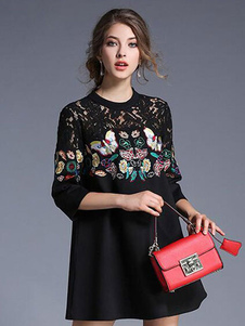 Robe éblouissante droite mode en spandex noir motif papillon vêtements journaliers brodé col ras du 