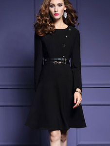 Attrayante robe skater mode en spandex noir unicolore vêtements journaliers avec bouton col rond