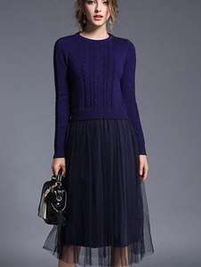 Belle robe droite mode en crêpe soufflé unicolore vêtements journaliers avec tricot col rond