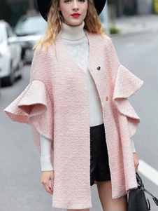 Attrayant manteau en tweed rose unicolore à volants col rond