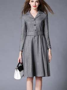 Chic robe skater mode en spandex gris unicolore vêtements journaliers avec bouton col à revers