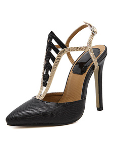 Exquises chaussures à talons à talons aigus en PU noir unicolore et talons décolletés avec strass de
