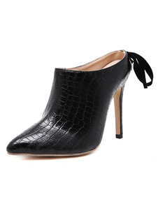 Fabuleuses chaussures à talons à talons aigus en PU noir losangé talons découverts avec ruban de pol