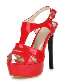 Sandales plateforme parfaites à talons aigus en cuir verni unicolore et bretelle T