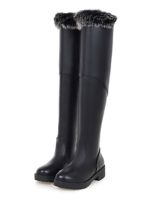 Bottes chic à talons chiots en PU noir unicolore avec fourrure