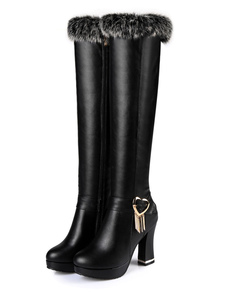 Bottes à talons épais en PU unicolore avec fourrure