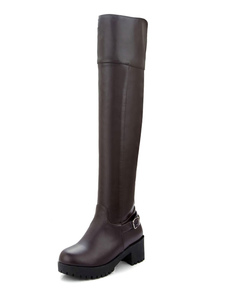 Bottes chic à talons chiots en PU unicolore avec boucle