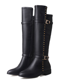 Bottes mi-mollet noires Zip à bout rond en PU unicolore