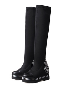 Cuissardes belles à talons compensés en tissu élastique noir unicolore élastique en peluche courte a