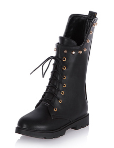 Bottes mi-mollet à lacets et bout rond en PU unicolore