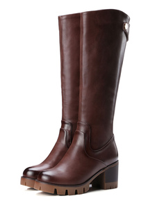 Bottes à talons épais en PU unicolore avec boucle