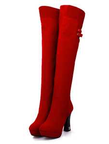 Cuissardes à talons épais en micro daim unicolore Zip avec boucle en peluche courte artificielle