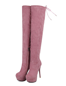 Cuissardes chic à talons aigus en cuir poncé unicolore Zip en peluche courte artificielle