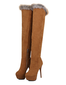 Cuissardes belles à talons aigus en cuir poncé unicolore Zip avec fourrure en peluche courte artific