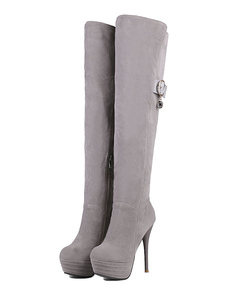 Cuissardes à talons aigus en cuir poncé unicolore Zip ornement métallique en peluche courte artifici