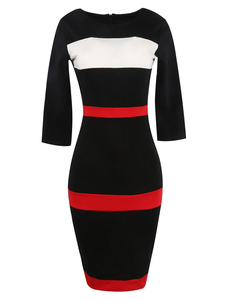 Robe Bodycon noire rayé 3/4 Sleeve Crew Neck fourreau crayon féminin