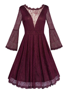 Plongeant décolleté Bell manches longues Vintage Style dentelle robe féminine plissé robe patineuse