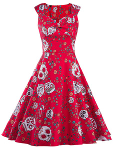 Vintage rouge robes une ligne Sweetheart évasé sans manches robe rétro féminines imprimé Floral