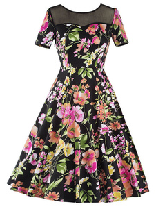 Vintage floral robes une ligne manche courte Illusion Crew Neck plissé robe rétro féminines