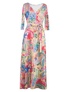 Robe Maxi V Manche 3/4 longueur manchon Lace femmes Up Floral robe longue imprimée