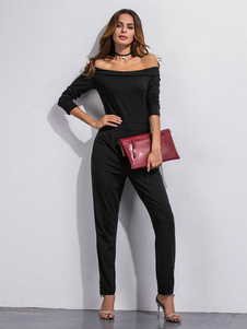 Combinaison noire de la femme hors de l’épaule 3/4 longueur manches coton hiver Jumpsuit